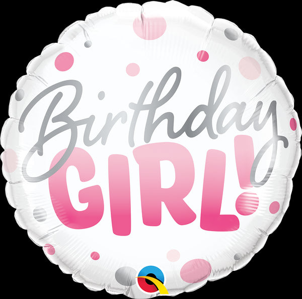 18" ROUND FOIL BDAY GIRL PINK DOTS